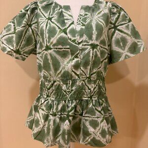 Anthropologie Summerset Blouse NWOT Green Cream Diamond Print Short Sleeve Sz M